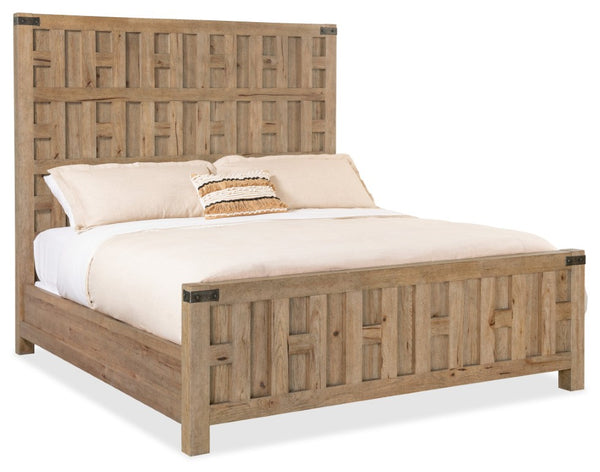 Hooker Furniture Vineyard Row Queen Panel Bed With Sonoma Pecky Hickory Finish, Fretwork & Hammered Metal Accents 88.50 L x 80.25W x 74.00H 6952-90266-80