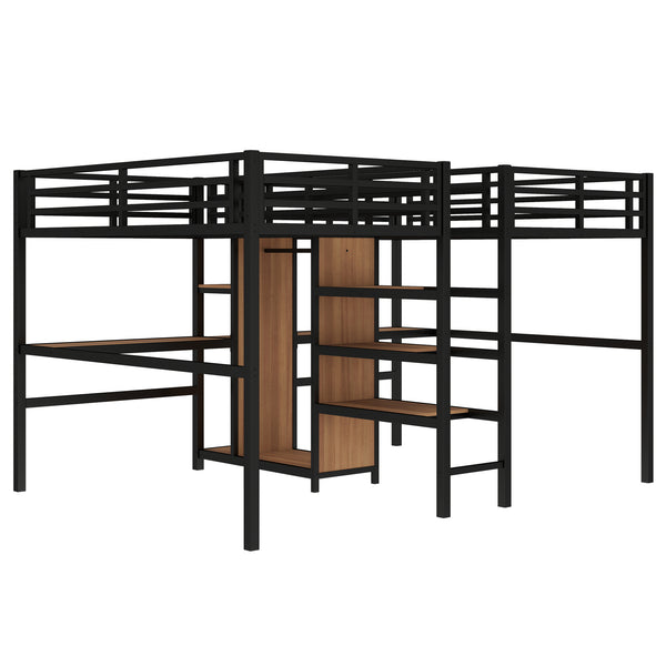 English Elm Twin Metal Loft Bed with Study Desk Wardrobe Shelving and Outlet for Kids Rooms Natural Wood W1580S00372