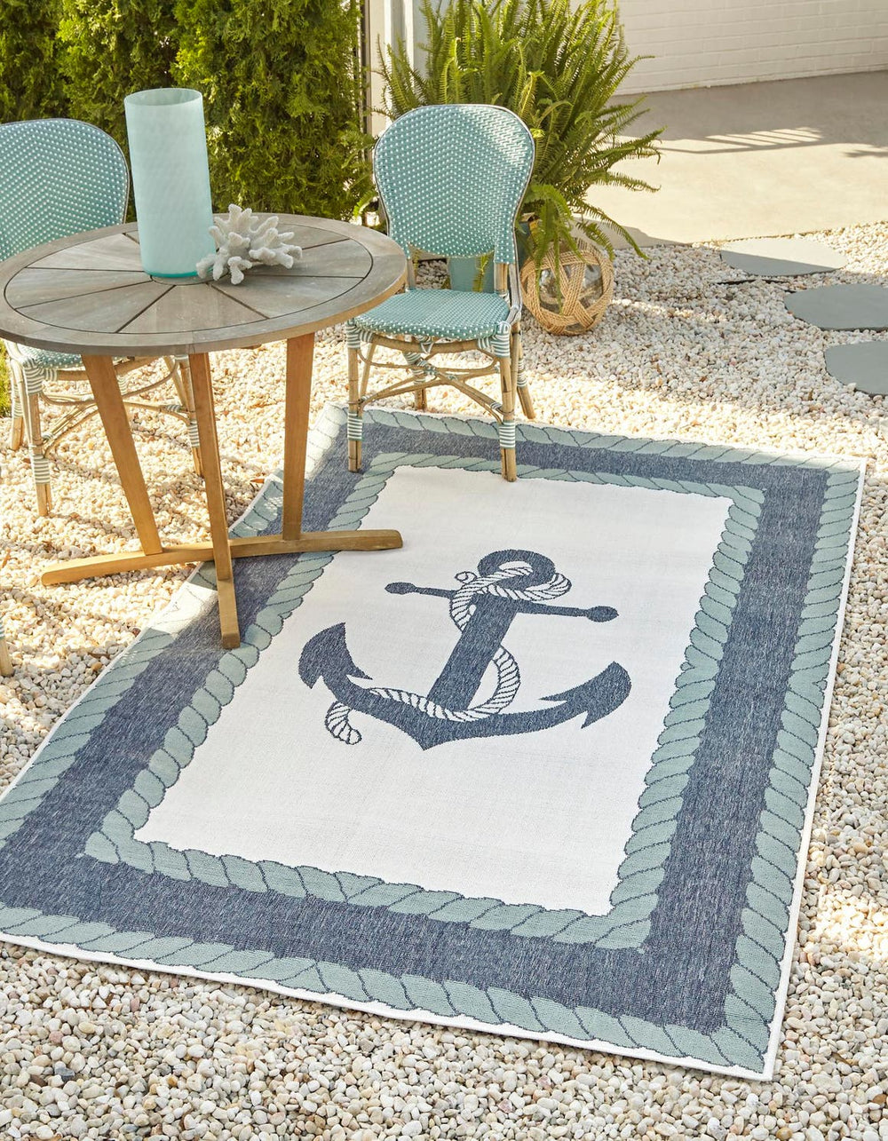 Unique Loom Outdoor Coastal Anchor Machine Made Border Rug Navy Blue, Light Blue/Ivory 7' 10" x 10' 0"