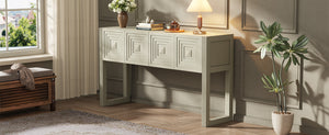 English Elm [video] Art Deco Console Table Geometric Carved Fronts Fluted Legs 3 Soft-close Drawers Natural N759P433572N