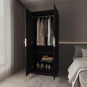 English Elm Wardrobe Compact Berlin Two-Door Closet with Hanging Rod, Two Shelves & Shoe Storage, Wengue Finish B128P343764