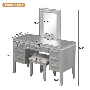 English Elm 48" Makeup Vanity Desk with Led Mirror Bamboo Weave Drawers Cushioned Stool Bedroom Grayish Blue N704P337484E