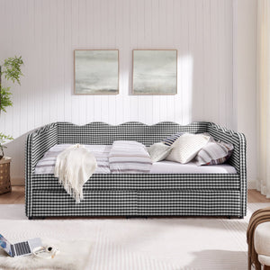 English Elm Queen Gingham Linen Daybed with Wave Backrest Two Storage Drawers and Usb Port Black W1413S00153