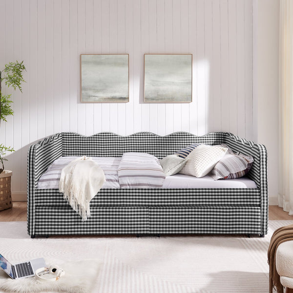 English Elm Queen Gingham Linen Daybed with Wave Backrest Two Storage Drawers and Usb Port Black W1413S00153