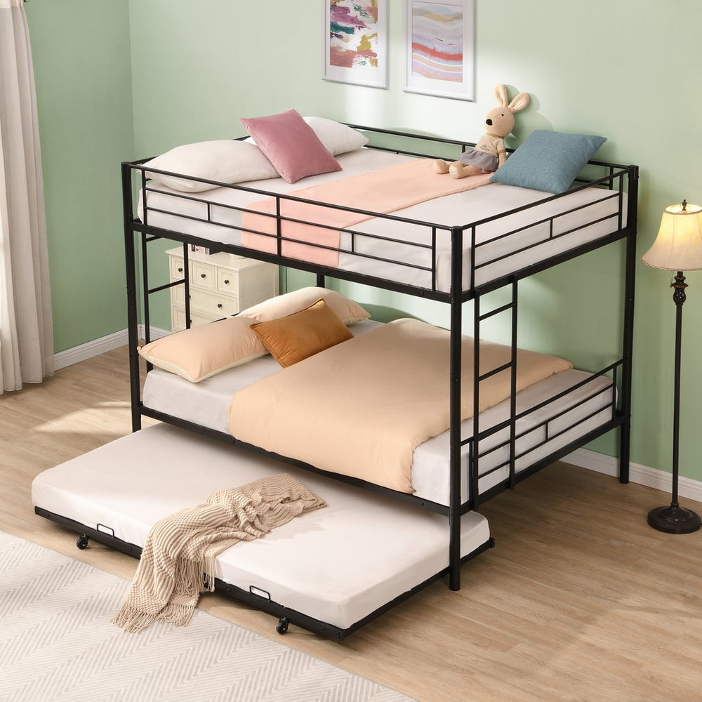 English Elm Full Over Full Metal Bunk Bed With Trundle - Durable, Space-Saving, Easy Assembly & Safety Features W311S00051