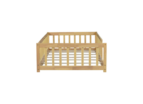 English Elm Twin Size Floor Bed With Safety Guardrails, Eco-Friendly Rubberwood Design For Toddler Independence W504P286397-GIGA