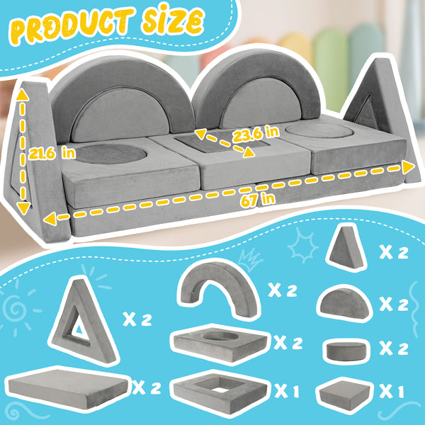 English Elm 16 Piece Modular Foam Play Couch Fort Building Set for Creative Kids Playroom Use Light Gray T5880P493419