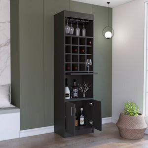 English Elm Kava Solid-Style Bar Cabinet with 16 Wine Slots, Glass Rack, Two Doors & Shelves in Black Finish B097S00177