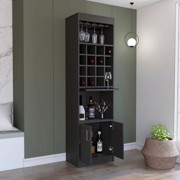 English Elm Kava Solid-Style Bar Cabinet with 16 Wine Slots, Glass Rack, Two Doors & Shelves in Black Finish B097S00177