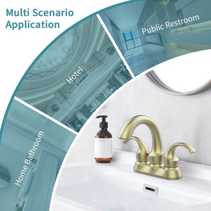 English Elm Bathroom Faucet 2-Handle Brushed Gold Swan Style - Modern Centerset Sink Fixture With Drain & Hoses T3177P277484