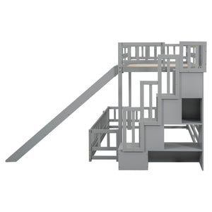 English Elm Twin Over Full Bunk Bed Solid Pine Frame with Built-in Slide and Storage Staircase Grey W504S00289