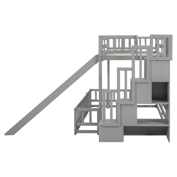 English Elm Twin Over Full Bunk Bed Solid Pine Frame with Built-in Slide and Storage Staircase Grey W504S00289