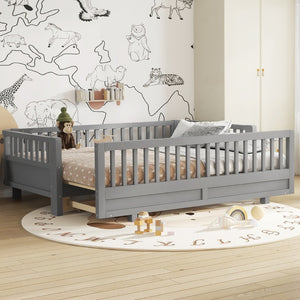 English Elm Twin Xl Convertible Platform Bed With Guardrails, Solid Wood Frame In Gray - Safe & Stylish Sleep Solution W1580S00242-GIGA