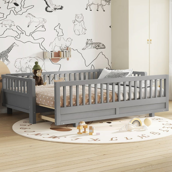 English Elm Twin Xl Convertible Platform Bed With Guardrails, Solid Wood Frame In Gray - Safe & Stylish Sleep Solution W1580S00242-GIGA