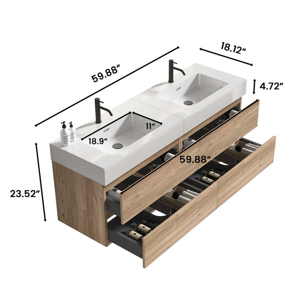 English Elm Grace 60" Bathroom Vanity Wall-Mounted Floating Mid-Century Modern Walnut Grille, Quiet Soft-Close Drawers and One-Piece White Basin (ECO) Oak W1865S00160