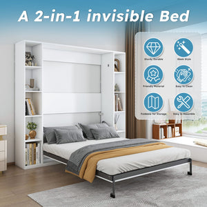 English Elm Queen Murphy Bed Foldable Wall Unit with Side Cabinets and Solid Wood Slat Support W509S00152