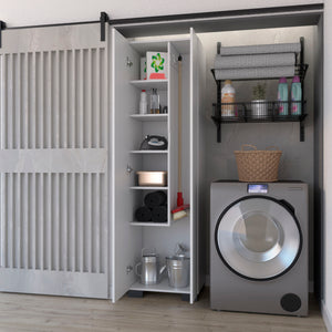 English Elm FM Aiken Broom Cabinet White – Narrow Storage Cabinet with Inner Shelves, 3 Broom Hangers & Doors B128S00058