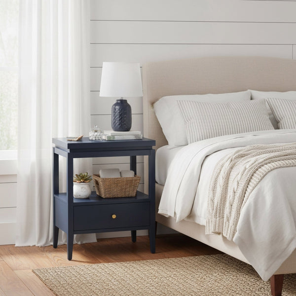English Elm Olana Midnight Blue 1-Drawer Nightstand with Floating Top, Hidden Tray, Gold Pull & Spacious Shelf B050P376961