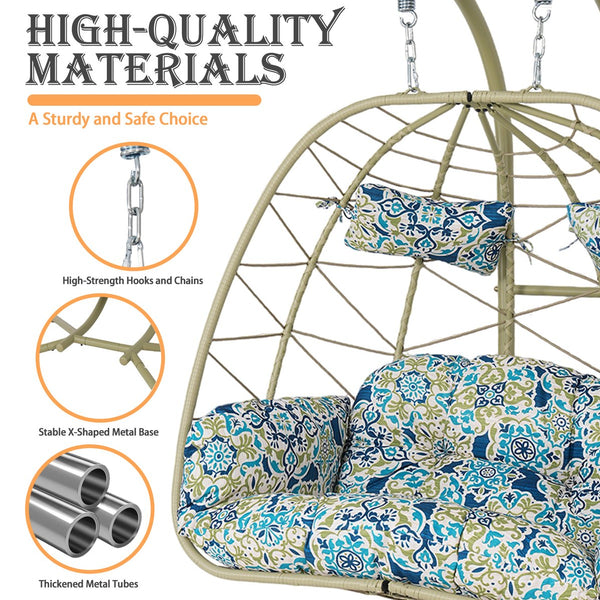 English Elm 2-person Wicker Egg Swing Chair with Canopy Stand Cushions Outdoor Patio Lounge T5880P502249