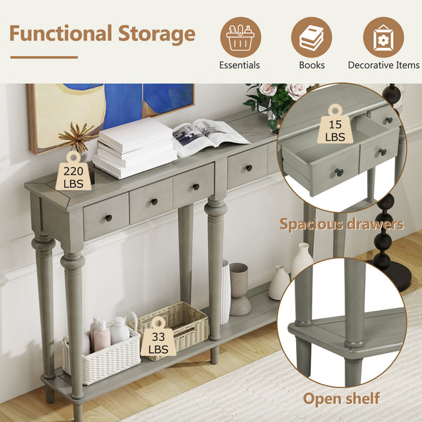 English Elm Trexm Vintage Console Table Four Drawers Pine Veneer Grey Wash Entryway Storage N715P202860E