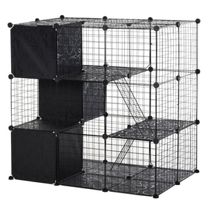English Elm PawHut Modular Small Animal Playpen 56-Panel Metal Cage with Ramps, 3 Doors & Storage Shelf W2225P200757