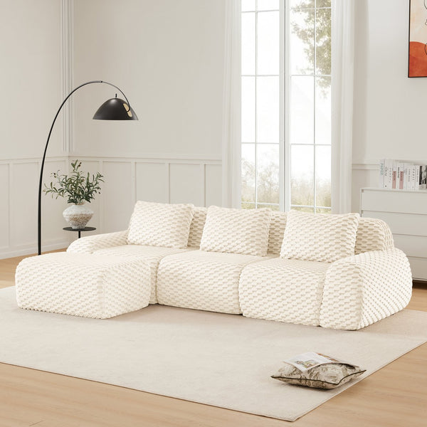 English Elm 114" Modular L-shaped Sectional Flannelette Sofa with Ottoman for Spacious Living Rooms Cream W714S01519