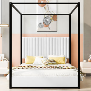 English Elm Queen Velvet Upholstered Canopy Bed White Metal 4 Poster Frame No Box Spring GX001031AAB