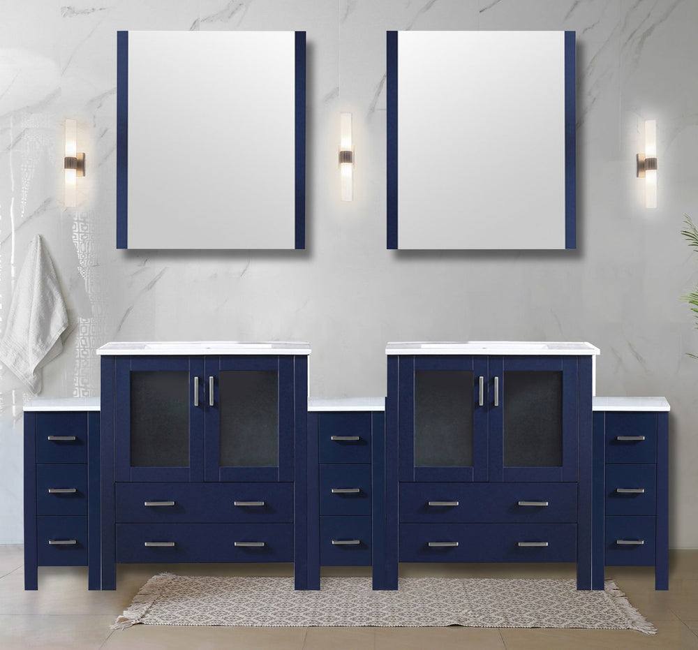English Elm Navy Double Bath Vanity 96" W x 18.25" D with Side Cabinets, White Ceramic Top, Solid Wood Frame, Soft-Close Drawers B2731S00623