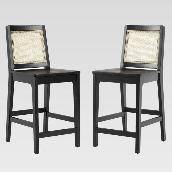 Solid Wood Counter Stool with Rattan Back Insert - Set of 2 Black CATD7DBL Walker Edison