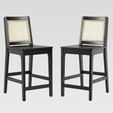 Solid Wood Counter Stool with Rattan Back Insert - Set of 2 Black CATD7DBL Walker Edison