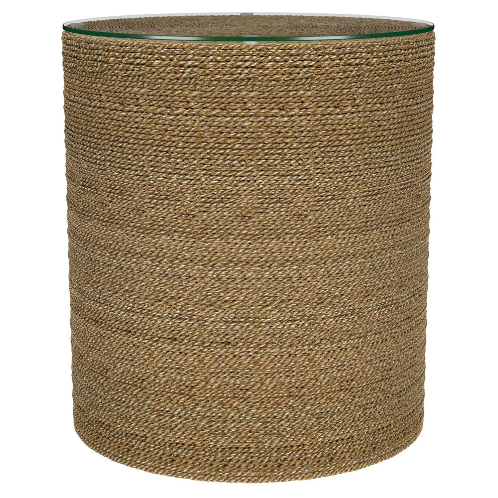 English Elm Burma Seagrass Woven Round Side Table with Tempered Glass Top for Coastal Living B062P441426