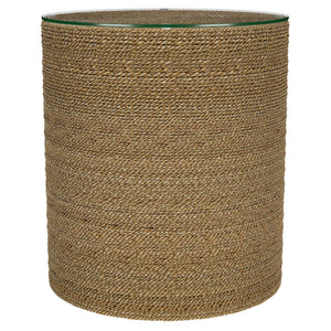 English Elm Burma Seagrass Woven Round Side Table with Tempered Glass Top for Coastal Living B062P441426