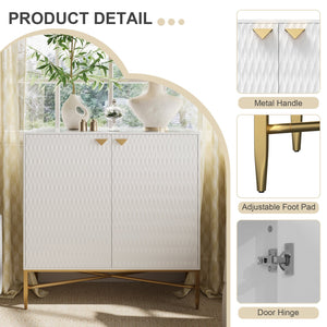 English Elm White Modern 2-Door Locker Accent Cabinet with Raised Diamond Front, Brass Tapered Legs, Storage Elegance T3609P333096