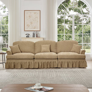 English Elm Elegant Mid Century 3-Seater Sofa With Flared Arms & Ruffled Skirts, Versatile Chenille Couch In Light Coffee W3041S00244