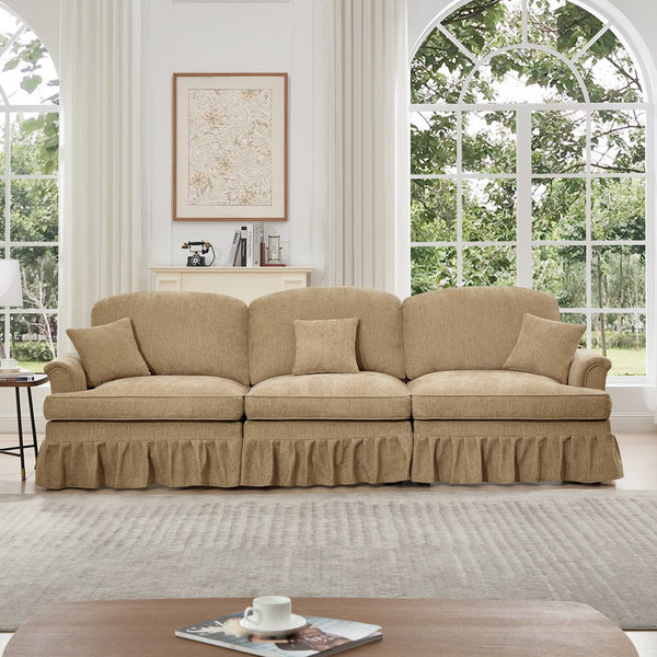 English Elm Elegant Mid Century 3-Seater Sofa With Flared Arms & Ruffled Skirts, Versatile Chenille Couch In Light Coffee W3041S00244
