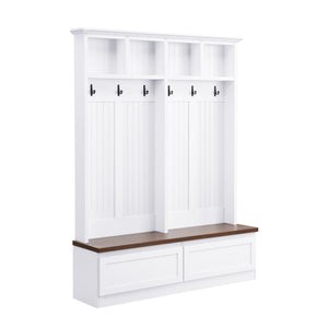 English Elm Rattan Door Hall Tree Bench with 6 Hooks Farmhouse Entryway Storage White+Walnut N721S000076K