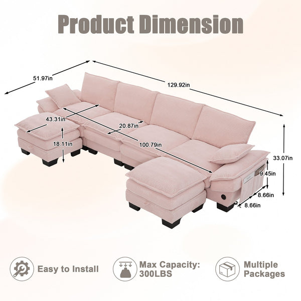 English Elm Sectional Modular Cloud Sofa Deep Corduroy Upholstered Comfort for Living Room Studio Pink W395S00134