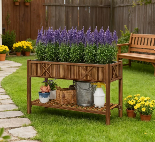 English Elm Outdoor Raised Planter Box with Drainage Reservoir for Herbs Vegetables Balcony T3971P422332