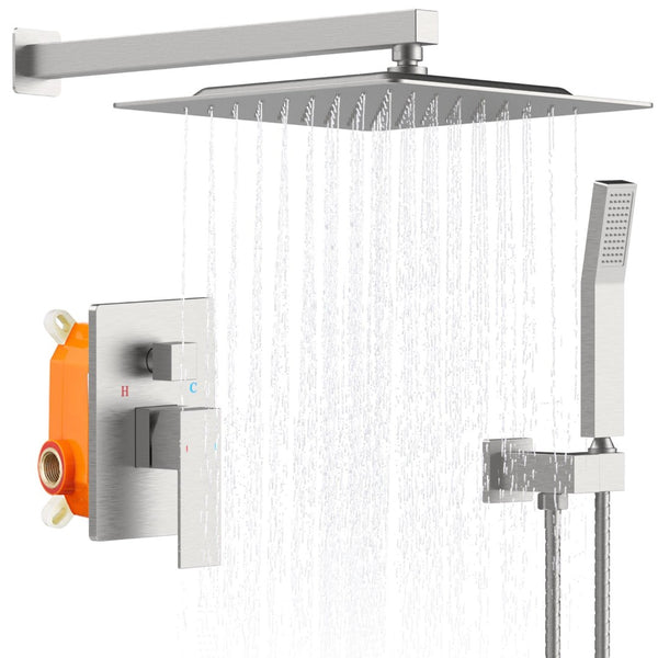 English Elm Shower System With 12" Rainfall Head & Handheld Wand - Modern Brushed Nickel Bathroom Faucet Combo T3177P269152-GIGA