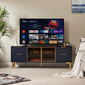 English Elm Deluxe Sculpted Geometric TV Cabinet with Tempered Glass Doors, 4 Drawers, Adjustable Metal Feet, Modern Chic Design Dark Blue W1162P294820