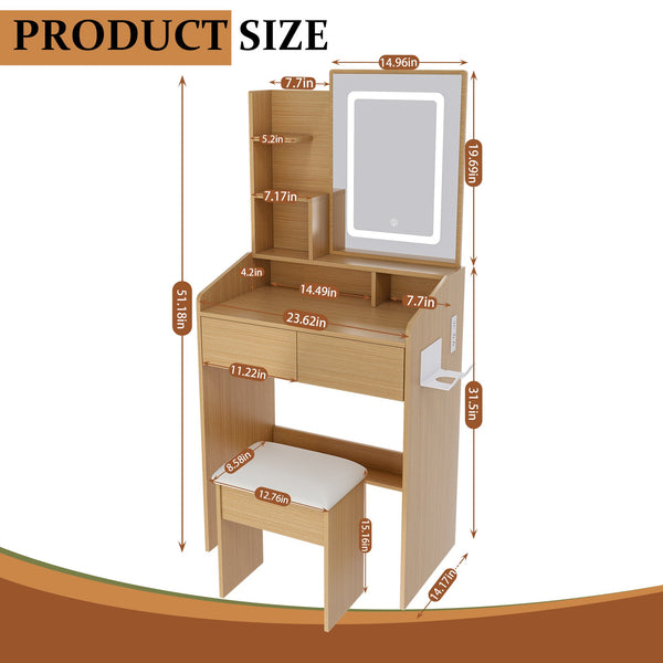 English Elm Vanity compact dressing desk with LED mirror, 3-color dimmable lights, drawers, stool, outlet Wood W2699P345799