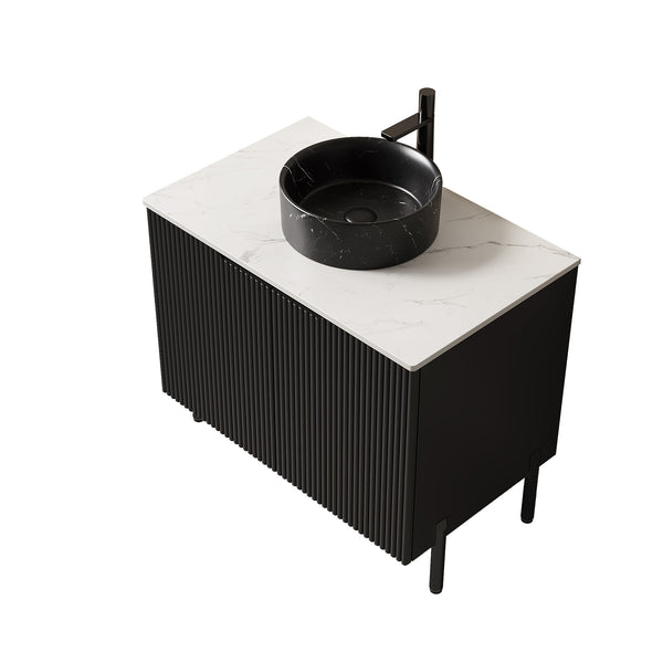 English Elm Turio Freestanding Bathroom Vanity Plywood Cabinet Sintered Stone Top Glass Basin W2615S00556