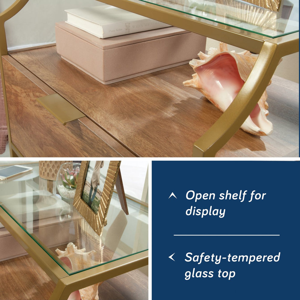 English Elm Night Stand - Contemporary Brown Finish With Metal Frame, Glass Top & Versatile Storage Solutions B356P402578