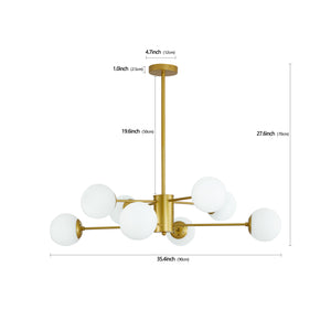 English Elm 35" Mid-century Branching Chandelier Eight Frosted Globe Shades Gold Iron Frame W2312P471909