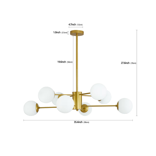English Elm 35" Mid-century Branching Chandelier Eight Frosted Globe Shades Gold Iron Frame W2312P471909