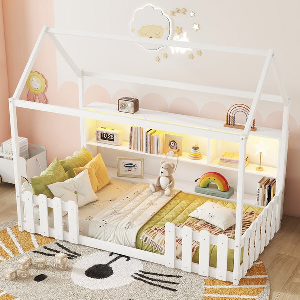 English Elm Twin House Bed with LED Light and Built-In Bookshelf, Solid Wood Playhouse Design for Kids Safety White 78.15 L x 15.75 W x 6.1 H W2593P269087