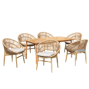 English Elm Christopher Knight Home® - Cyril Outdoor Patio 7-Piece Dining Set with Solid Acacia Table, Handwoven Rattan Chairs & Cushions Beige,Light Brown,Teak CYRIL7PCSDSETB