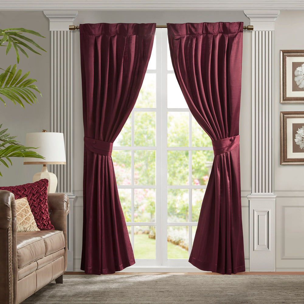 JLA Home Croscill Classics - Pleat Avignon Satin Curtain Panel with Tieback — Vintage Silk-Like Luster, Box Pleat Elegance for Formal Rooms Burgundy CCL40-0048