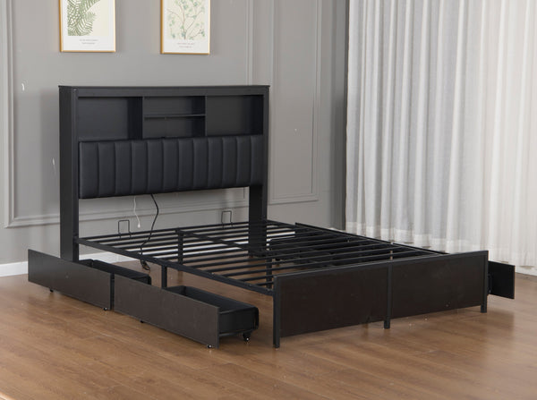 English Elm Queen Storage Bed Frame with Led Lighting Charging Station and Four Under Drawers W1670S00030