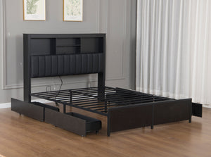 English Elm Queen Storage Bed Frame with Led Lighting Charging Station and Four Under Drawers W1670S00031